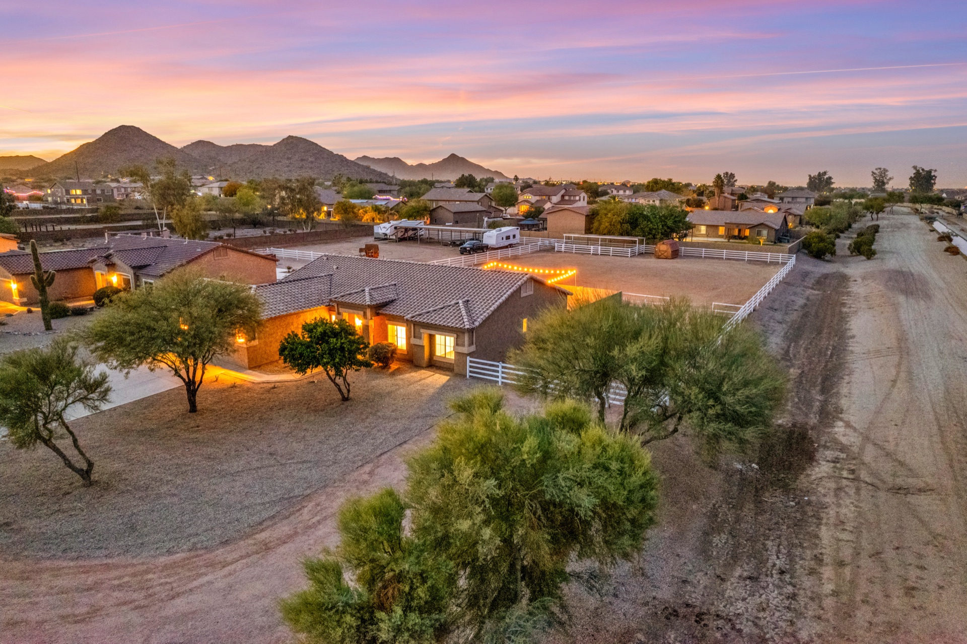 Drone aerial of Arizona luxury home at twilight