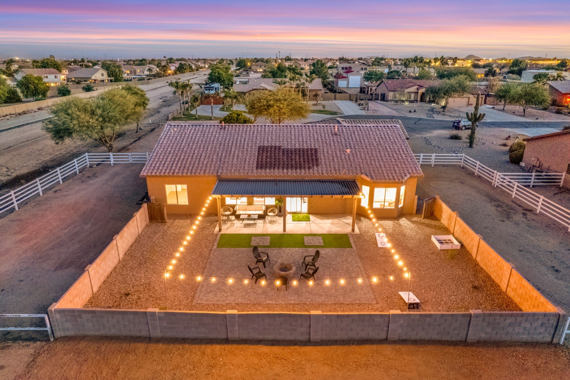 Drone backyard aerial at twilight, Arizona