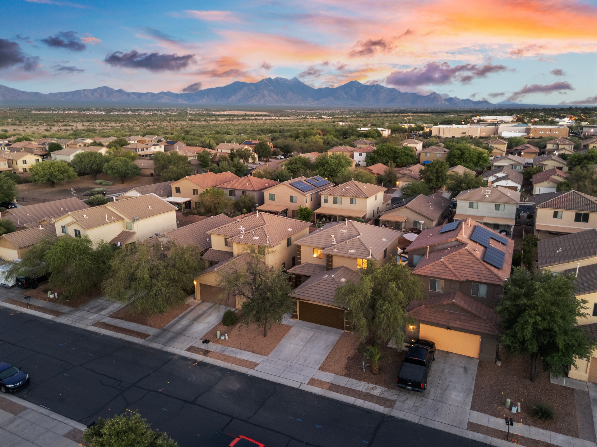 Drone aerial of Arizona luxury home at twilight